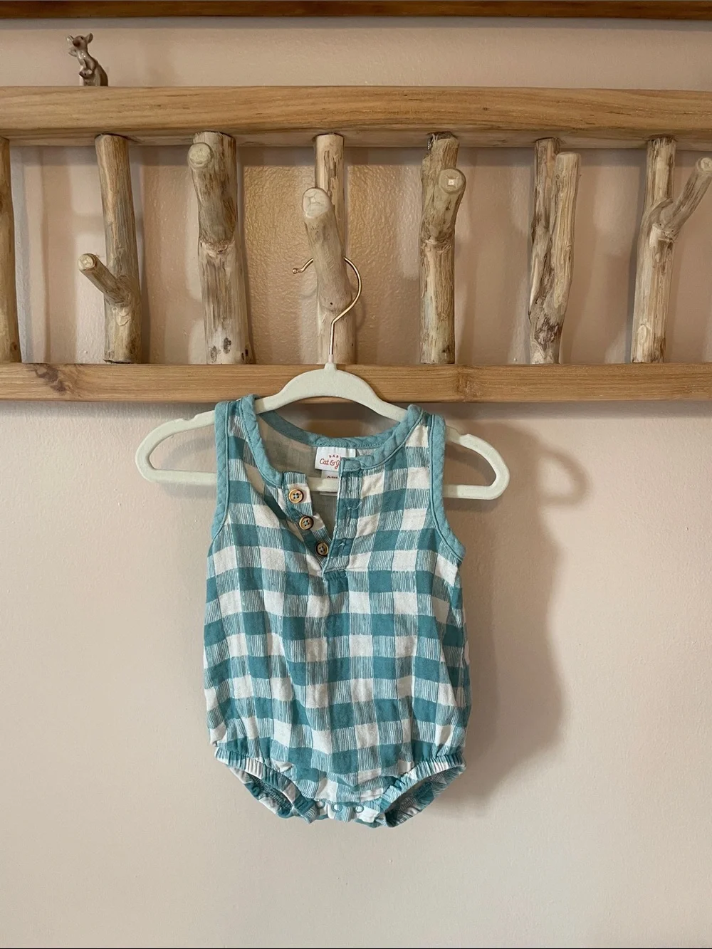 Cat & Jack Teal and White Gingham Baby One-Piece Bodysuit